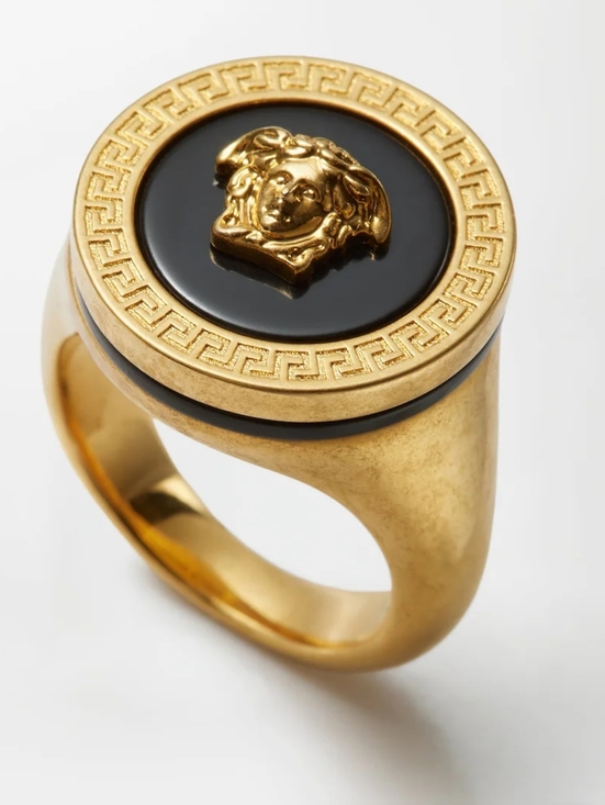 Versace Jewelry - NIB Versace Medusa Gold Tone and Black Enamel Ring Unisex Size 19 IT 8.5 US